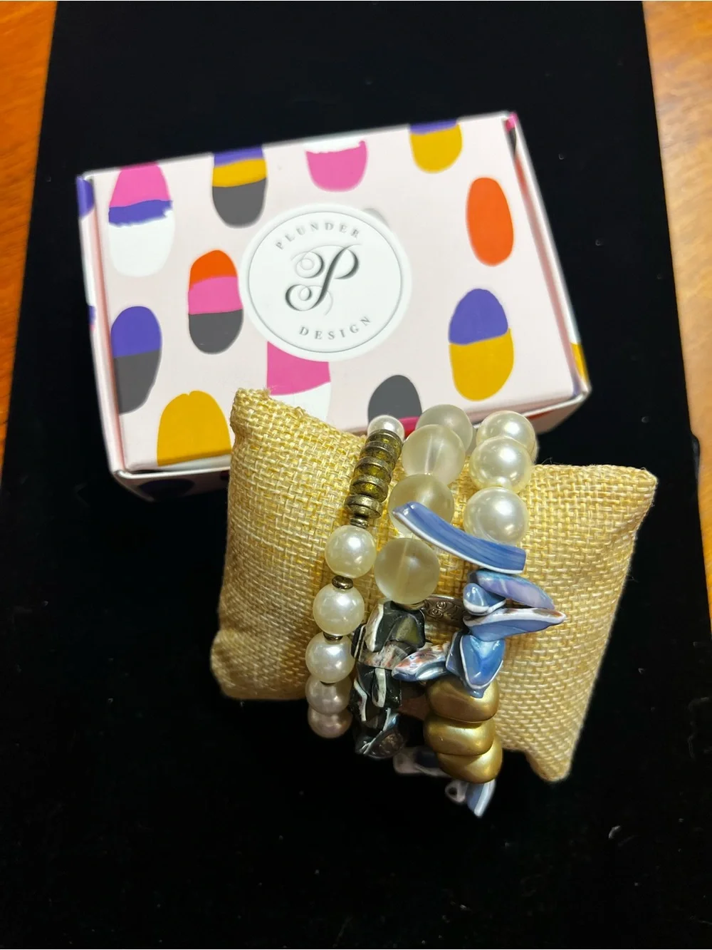 Plunder Mixed Pearl & Metallic Stretch Bracelet Set - Gold, Blue, Cream